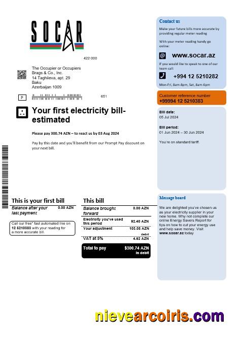 Azerbaijan Socar gas business utility bill format